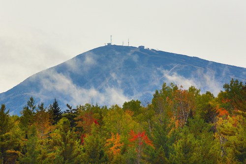A mountain peak shrouded in mist, surrounded by vibrant autumn foliage in various shades of green and orange.