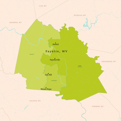 Map of Fayette County, West Virginia, highlighting towns like Ansted, Fayetteville, Oak Hill, and Mount Hope.