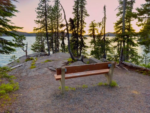 A wooden bench on a rocky shore, surrounded by trees, overlooking a calm lake at sunset.