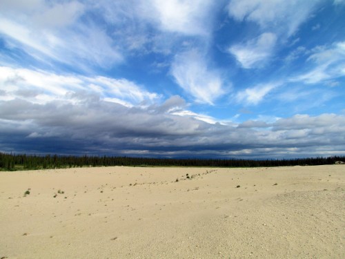 A vast sandy landscape under a dramatic sky filled with clouds, bordered by a line of green trees in the distance.