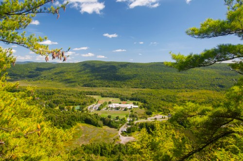 A scenic view of rolling green hills and a valley, with a clear blue sky and scattered clouds. Pine trees frame the image.