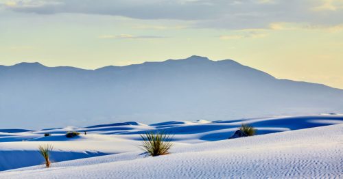 A serene desert landscape with rolling white dunes and distant mountains under a soft, cloudy sky.