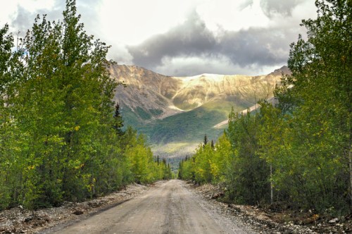 A dirt road lined with trees leads to mountains under a cloudy sky, illuminated by sunlight in the distance.