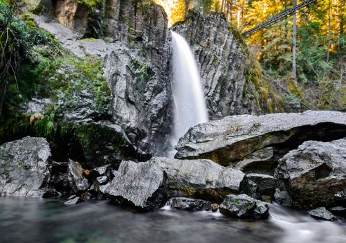 A serene waterfall cascades over rocky cliffs into a calm pool, surrounded by lush green forest.