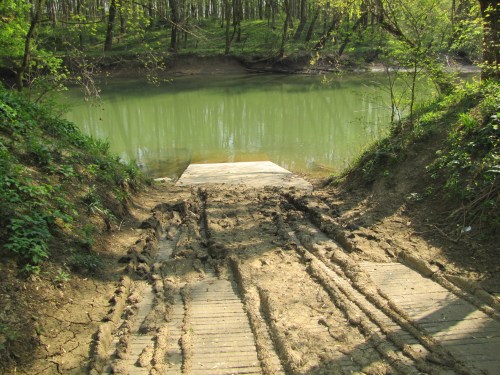 A muddy path leads to a calm, green river surrounded by trees in a sunny forest setting.