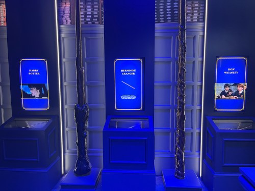 Display of wands from Harry Potter, featuring wands for Harry, Hermione, and Ron in a blue-lit exhibit.