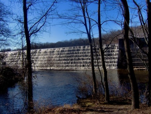 A waterfall cascades over a dam, surrounded by trees and a calm river under a clear blue sky.