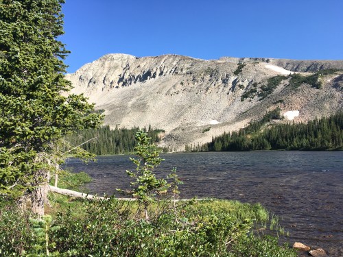 A serene landscape featuring a lake surrounded by trees and mountains under a clear blue sky.