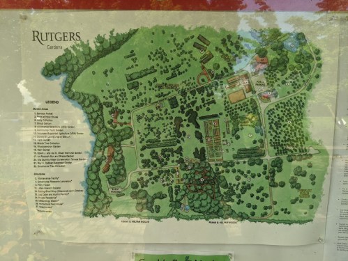 Map of Rutgers Gardens, showing various sections, paths, and features with a legend for navigation.