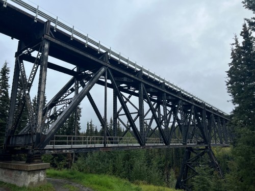 A tall, metal railway bridge spans over a lush green landscape, surrounded by tall trees under a cloudy sky.