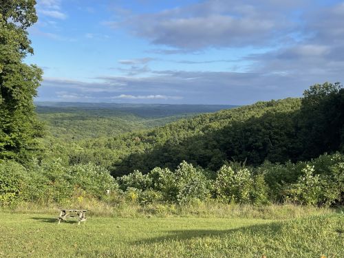 A scenic view of rolling green hills under a partly cloudy sky, with a picnic table in the foreground.