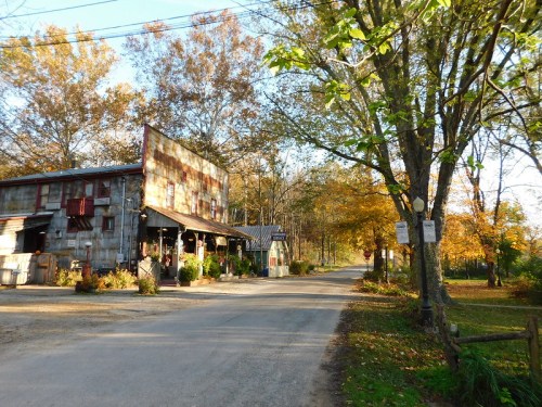 A rustic building with a porch sits at the end of a tree-lined road, surrounded by autumn foliage.