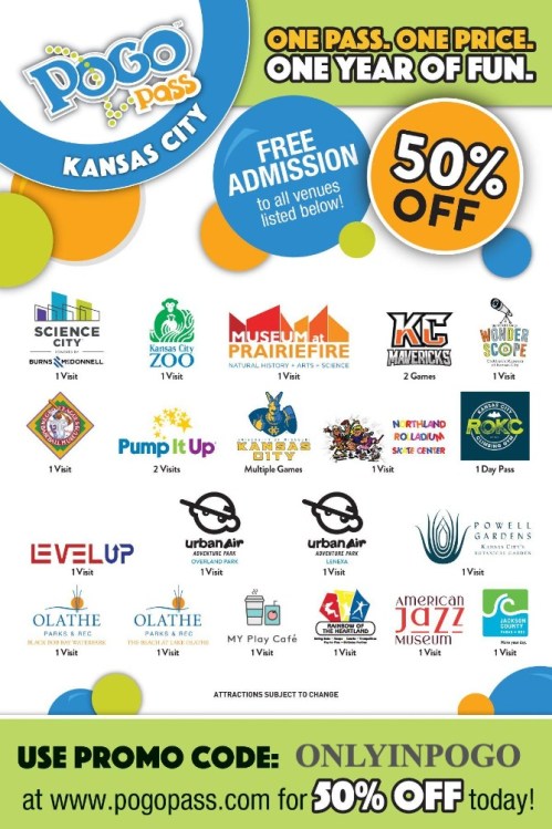 Promotional flyer for Pogo Pass in Kansas City, offering 50% off admission to various attractions for one year.