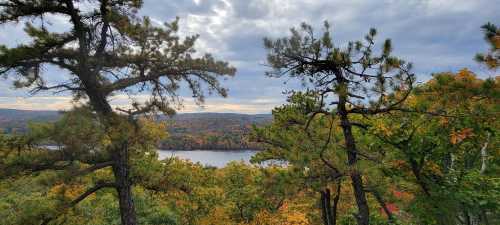 A scenic view of a river surrounded by colorful autumn trees under a cloudy sky.