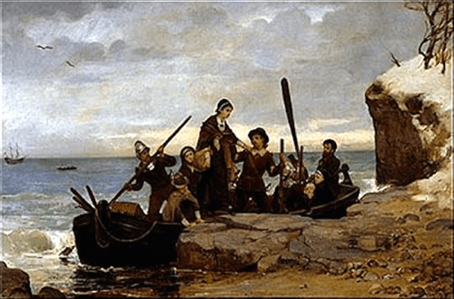 A group of fishermen in traditional attire disembark from a boat onto a rocky shore, with a cloudy sky above.