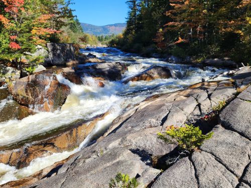 A rushing river flows over rocky terrain, surrounded by trees with autumn foliage under a clear blue sky.