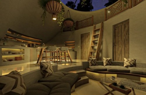 Cozy, modern interior with a circular design, featuring a kitchen, seating area, and wooden accents under a starry sky.