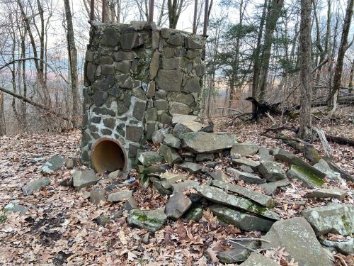 A crumbling stone structure surrounded by fallen leaves and trees in a wooded area.