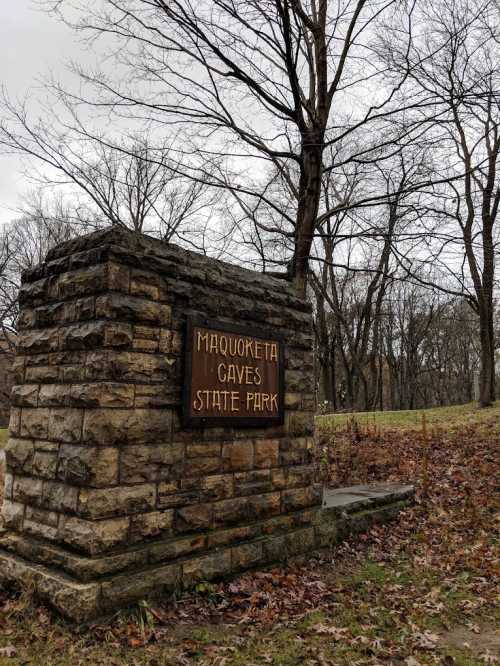 Sign for Maquoketa Caves State Park, surrounded by bare trees and fallen leaves on a cloudy day.