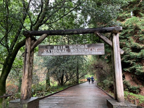 Sign for Muir Woods National Monument at the entrance, with a wooden arch and visitors walking along a path surrounded by trees.