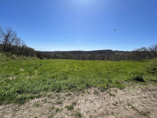 A wide, open field under a clear blue sky, surrounded by trees and rolling hills in the distance.