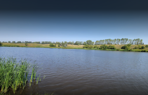 A serene river scene with lush green banks and trees under a clear blue sky.