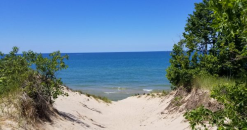 A sandy dune leads to a calm blue lake, framed by green trees under a clear blue sky.
