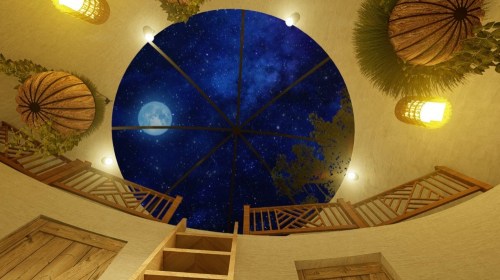 View from below a circular ceiling, showcasing a starry night sky and a full moon, with wooden accents and hanging lights.