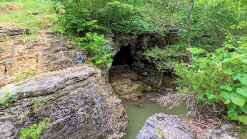 A rocky cave entrance surrounded by lush greenery and a small body of water at the base.