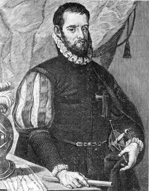 A 16th-century portrait of a man in a ruffled collar, holding a compass and a ruler, with a draped background.