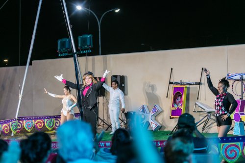 A lively circus performance at night, featuring performers in colorful costumes and a vibrant stage setup.