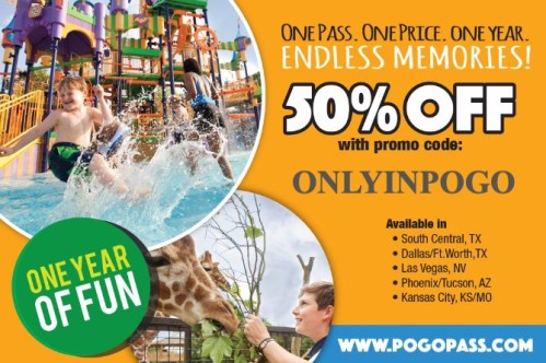 A colorful promotional image for Pogo Pass, featuring kids enjoying water slides and outdoor activities, with a discount offer.