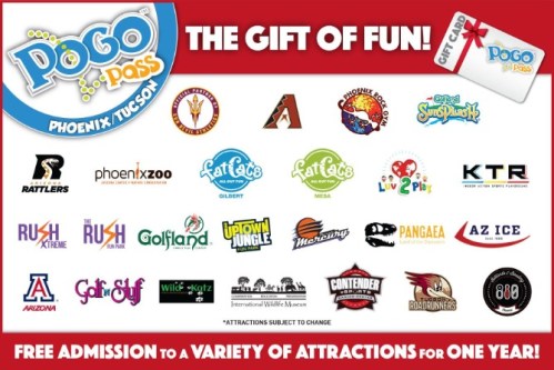 A promotional image for Pogo Pass featuring logos of various attractions in Phoenix and Tucson, with a gift theme.