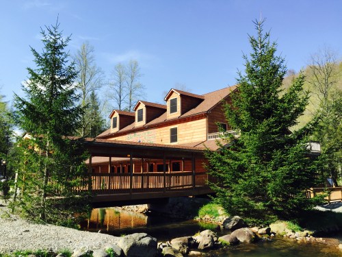 A wooden lodge with a deck, surrounded by trees and a stream, under a clear blue sky.
