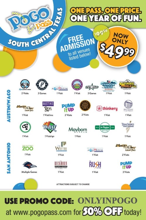 Promotional flyer for Pogo Pass South Central Texas, offering one year of fun at various attractions for $49.99.