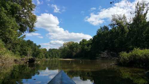 A serene river scene with lush greenery, blue skies, and fluffy clouds, viewed from a canoe.