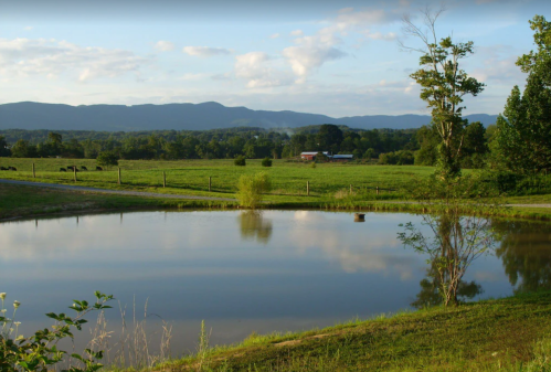 A serene landscape featuring a pond, green fields, and distant mountains under a partly cloudy sky.