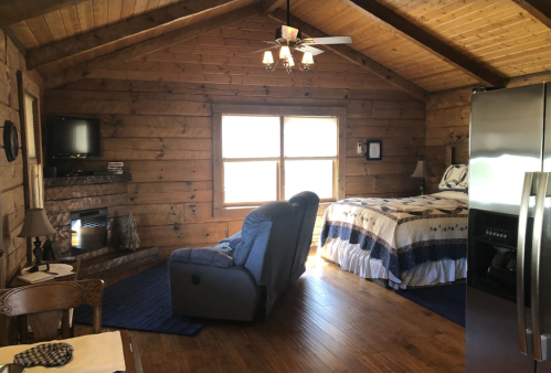 Cozy cabin interior with wooden walls, a bed, recliner, TV, and large window letting in natural light.
