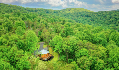 Aerial view of a wooden cabin surrounded by lush green trees and rolling hills under a cloudy sky.