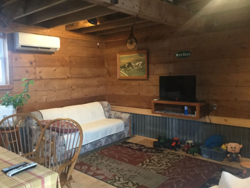Cozy cabin interior with wooden walls, a white couch, a TV, and a dining table, featuring rustic decor and toys.