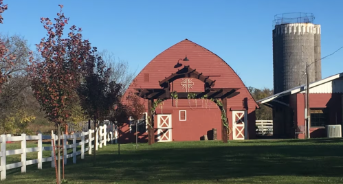 Red barn with a silo in the background, surrounded by green grass and trees under a clear blue sky.