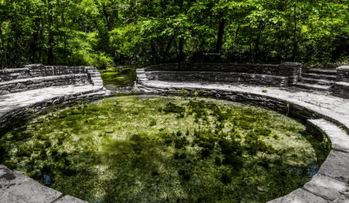 A circular stone pool surrounded by lush greenery and trees, reflecting the natural landscape above.