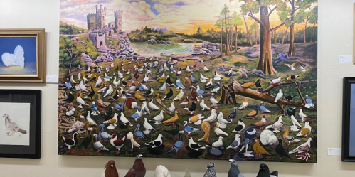 A vibrant painting of numerous birds in a scenic landscape, displayed alongside framed artworks on a gallery wall.