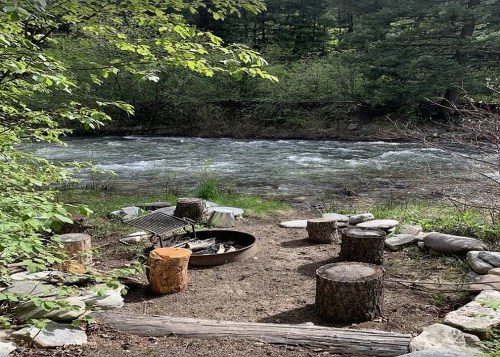 A serene riverside campsite with a fire pit, log seating, and lush greenery surrounding a flowing river.