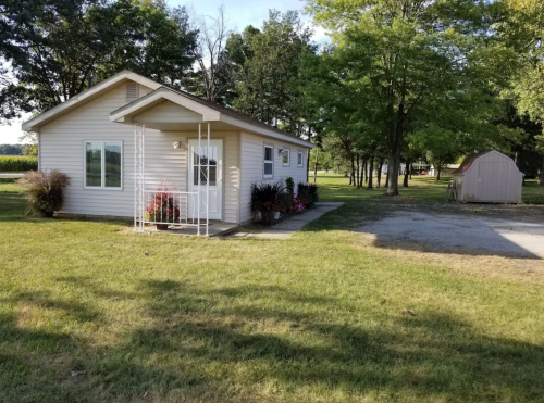 A small, light-colored house with a garden, surrounded by trees and a gravel driveway, with a shed in the background.