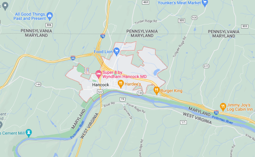 Map showing Hancock, Maryland, with nearby roads, landmarks, and surrounding areas in Pennsylvania and West Virginia.