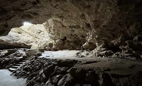 A dimly lit cave interior with rocky walls, wooden steps, and a bright opening in the background.