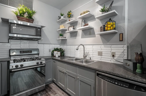 Modern kitchen with gray cabinets, stainless steel appliances, and open shelves decorated with plants and kitchen items.