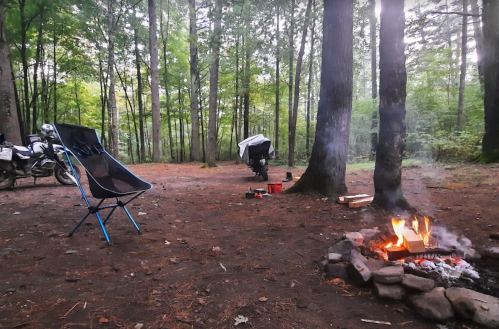 A campsite in a forest with a campfire, a blue chair, and a motorcycle under a tree canopy.