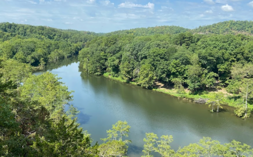 A serene river flows through lush green forests under a clear blue sky.